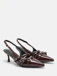 CUCCOO BIZCHIC Women's Fashion Coffee Brown Multiple Strap Buckle Pointed Toe High Heel Pumps Spring Shoes Spring Break Easter - Coffee Brown - View 6