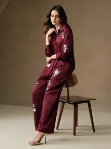 Anewsta Bộ quần áo và áo sơ mi thêu sequin màu xanh lá cây nhạt giản dị dành cho nữ - Đỏ - Xem 4