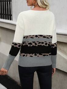 SHEIN LUNE 女士V领纯色拼接休闲毛衣，长袖针织套头衫，秋冬季 - 灰色 - 查看 2