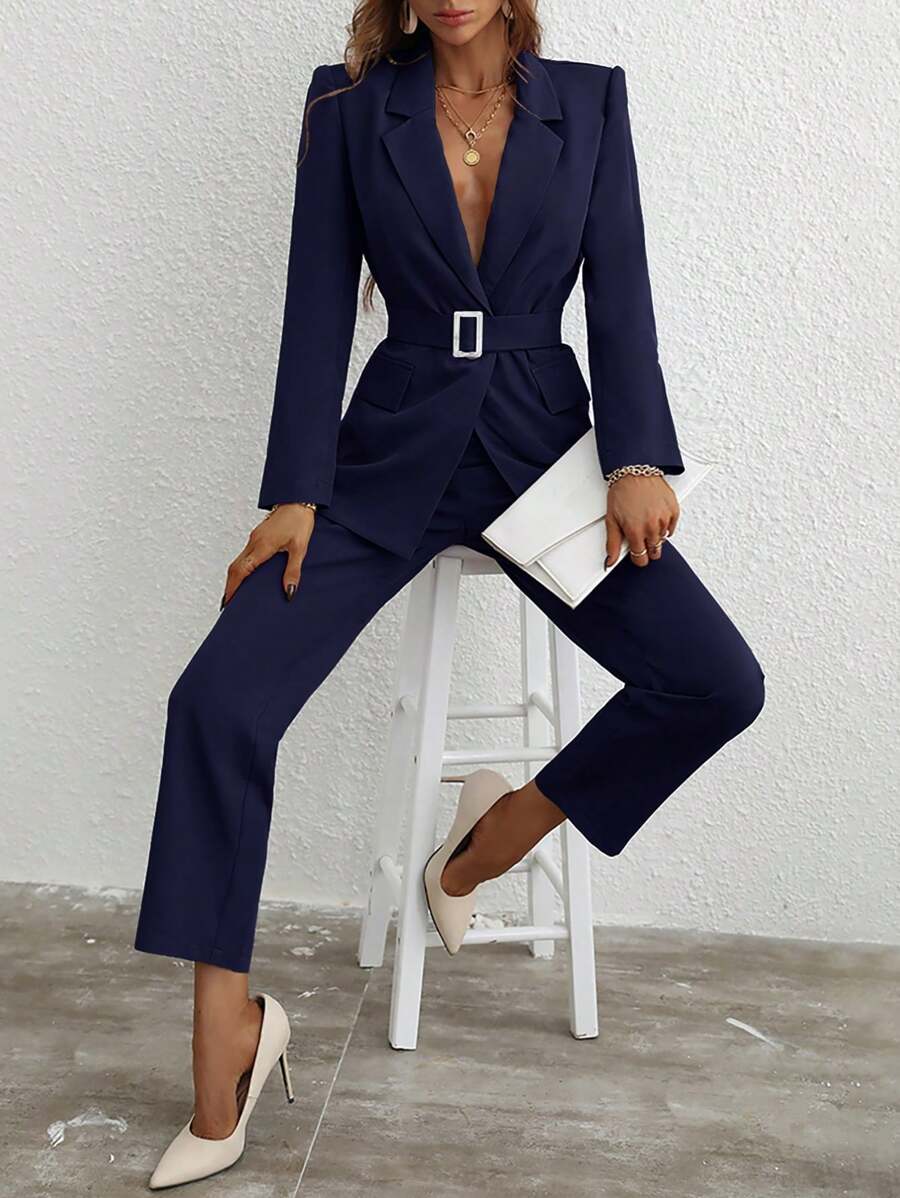 Chiquease Single Button Belted Blazer & Tailored Trousers - Navy Blue - View 1