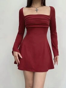 SHEIN SXY 女士方领长袖褶饰中长迷你连衣裙