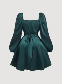SHEIN MOD Plus Size Vintage Dark Green Wrap Style Satin Elegant Office Dress - Dark Green - View 2