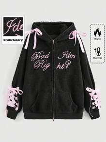ROMWE Street Life Y2K Streetwear Style Ribbon Bow Solid Color Letter Print Plush Oversized Sweatshirt For Women - Black - View 1