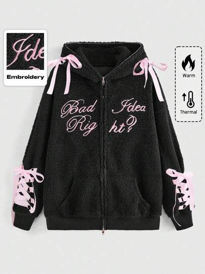 Street Life Y2K Streetwear Style Ribbon Bow Solid Color Letter Print Plush Oversized Sweatshirt For Women