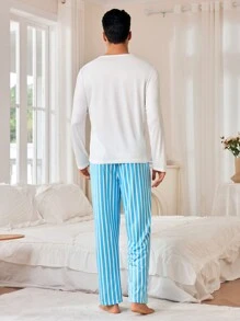 CoupledUp Conjunto de Pijama Masculino com Urso Fofo, Camiseta de Manga Longa e Calça de Cordão Listrada