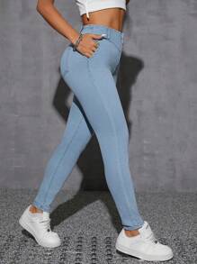 SHEIN EZwear Women Button Waist Design Skinny Casual Versatile Jeans - Light Wash - View 5