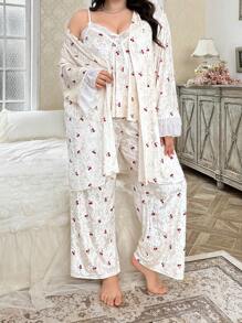 CottageSlumber Set de 3 piezas de bata de terciopelo con adorno de encaje y estampado de cerezas romántico, para otoño/invierno