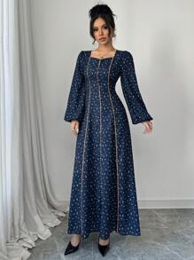 Modelyn Women's Ditsy Floral Sweetheart Neck Lantern Sleeve Maxi Elegant Abaya Dress, Modest - Navy Blue - View 5