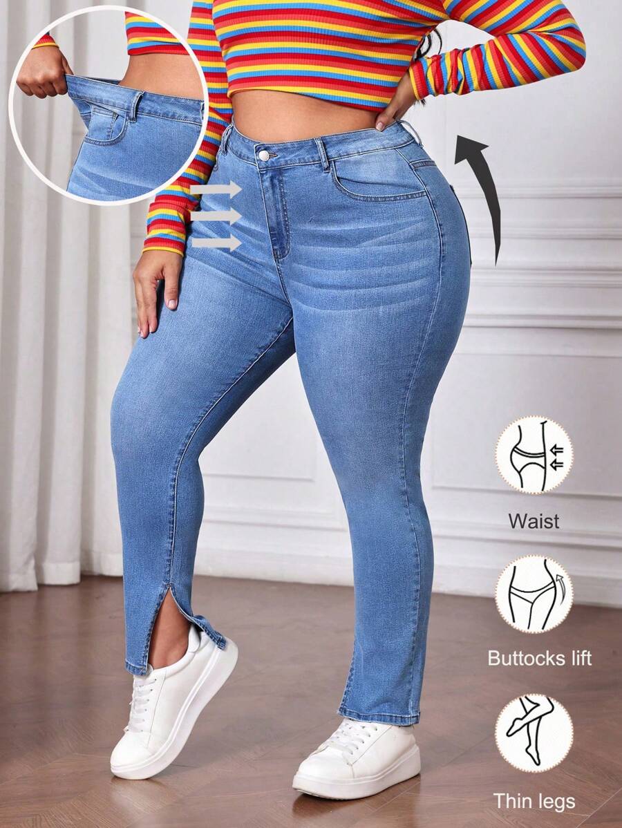 SHEIN CURVE+ Plus Size Women Basic Blue Denim Skinny Stretch Jeans - Light Wash - View 1