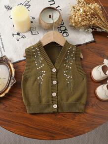Baby Girls' Cardigans, Black Knitted Sweater, Green Leaf Embroidered Casual, Leisure Vest, Sleeveless Jacket, Black Button Fashion Cardigan, Suitable For Spring, Autumn And Winter, Warm, Fit For Everyday, Outings, Travel, Vacation, Home, Daycare, School - Olive Green - View 1