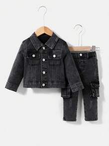 SHEIN 幼儿/男婴 2 件/套街头酷炫破洞长袖黑色牛仔夹克和磨边高弹力紧身黑色牛仔裤，配有大口袋，休闲百搭，适合婴儿日常服装和新年服装 - 黑色 - 查看 3