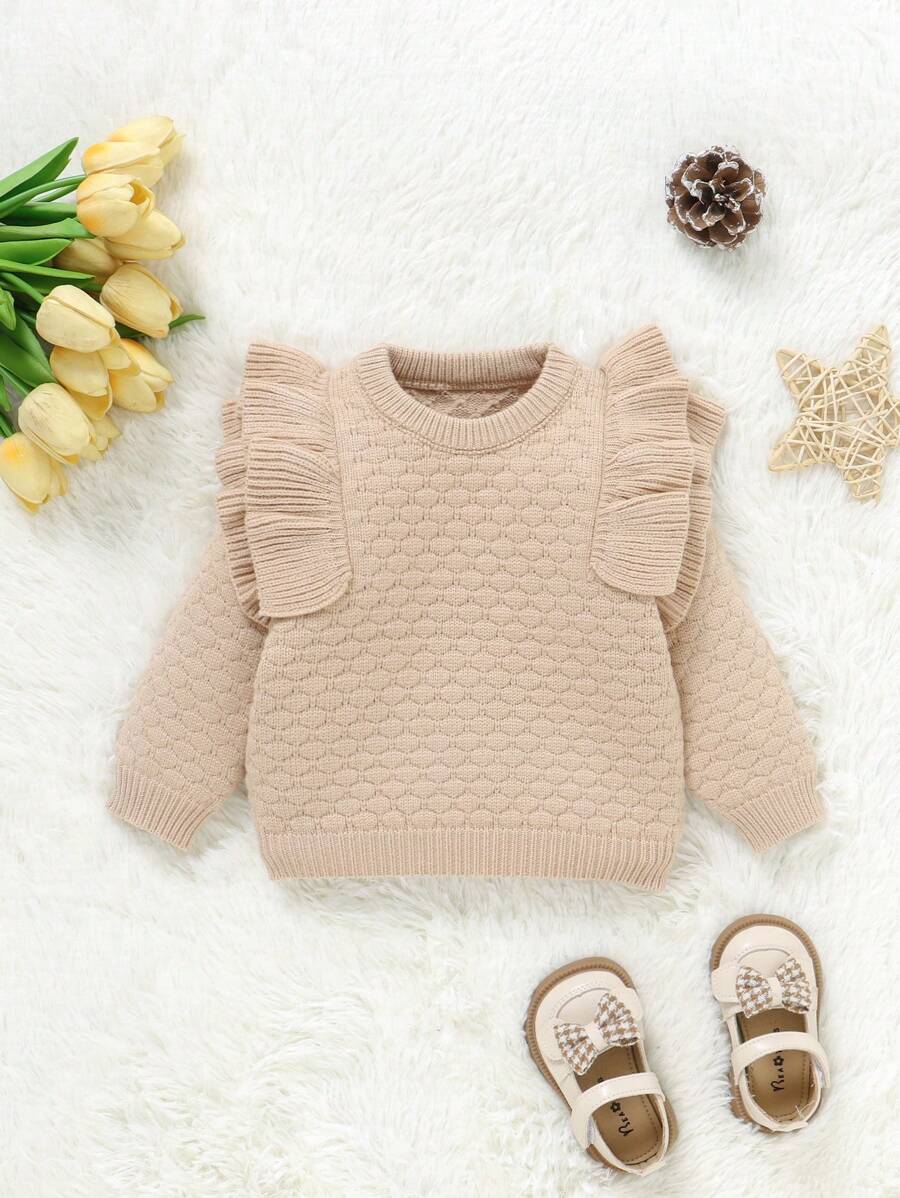 Baby Girls Casual Retro Brown Ruffle Trim Pullover Sweater - Khaki - View 1