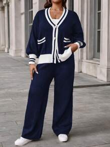 Calvaya 大码休闲针织毛衣和裤子套装，简约时尚，适合冬季日常穿着 - 藏蓝色 - 查看 3