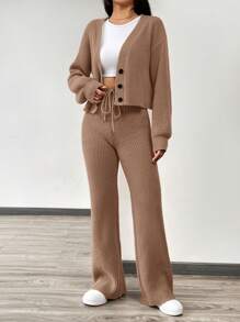 SHEIN EZwear 秋冬季女士休闲纯色长袖针织开衫两件套 - 咖啡棕 - 查看 3