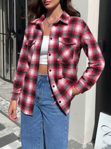 INAWLY Camisa casual holgada de mujer de manga larga con bolsillo y cierre simple a cuadros, otoño