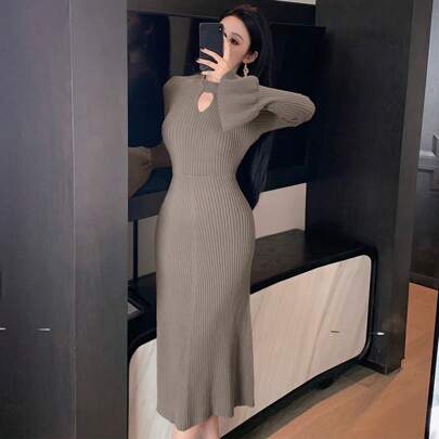 솔리드 컬러 피팅 말굽 슬리브 홀로우 아웃 여성 스웨터 드레스, 가을 옷'