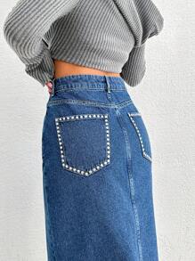 EURMUSE HIGH RISE DROP DETAILED MIDI SKIRT WITH FRONT SLIT - Dark Wash - View 4