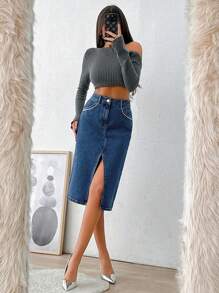 EURMUSE HIGH RISE DROP DETAILED MIDI SKIRT WITH FRONT SLIT - Dark Wash - View 2