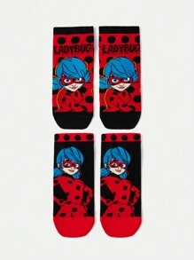 Miraculous Ladybug X SHEIN 2pcs Cartoon Figure And Polka Dot Pattern Ankle Socks Set, Women