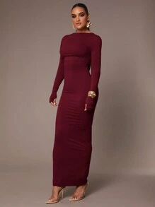 Silquee Women's Basic Slip Dress With Sexy Deep Back, Waist Folds, Skin-Friendly Long Sleeve Floor Length Tight Dress, Ash Gray