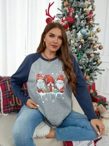 SHEIN LUNE 加大码纯色拼布圆领长袖印花休闲套头衫，女士感恩节服装，女士圣诞服装，节日服装，羊毛套头衫，圣诞衬衫女士冬装