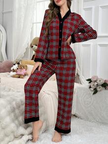 Casual Plaid Pattern V-Neck Contrast Color Women Pajama Set - Burgundy - View 5