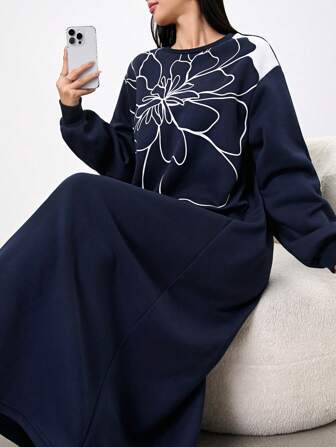 Mulvari Women Floral Print Crew Neck Long Sleeve Casual Sweatshirt Dress In Fall/Winter