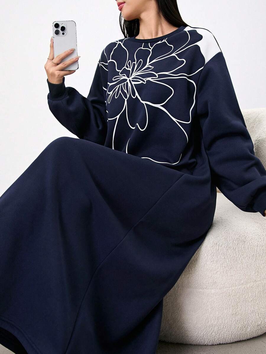 Mulvari 女式花卉印花圆领长袖休闲卫衣裙秋冬