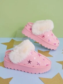 Mini mi Bestseller Fuzzy Star-Print Kids' Pink Platform Slippers – Playful, Cozy Design Perfect For Holiday Fun - Pink - View 4