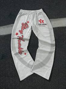 Manfinity EMRG 男士休闲运动字母和星星图案印花抽绳腰部宽松喇叭裤，外出长款街头运动裤，适合丈夫、男友礼物，适合狂欢 - 灰色 - 查看 5