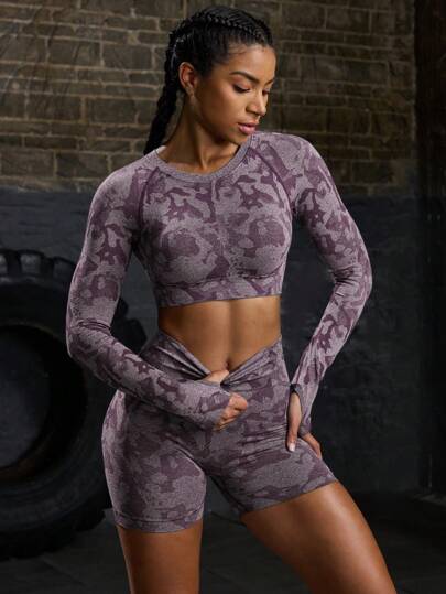 Powerista Women Casual Crew Neck Long Sleeve Top And Shorts Set, Sporty Workout Women Set Women Leggings Set