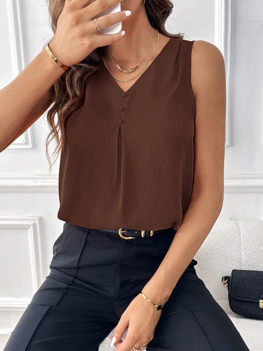 SHEIN Essnce Áo sơ mi nữ không tay cổ chữ V trang trí hàng đầu cho mùa hè - Cà phê nâu - Xem 1