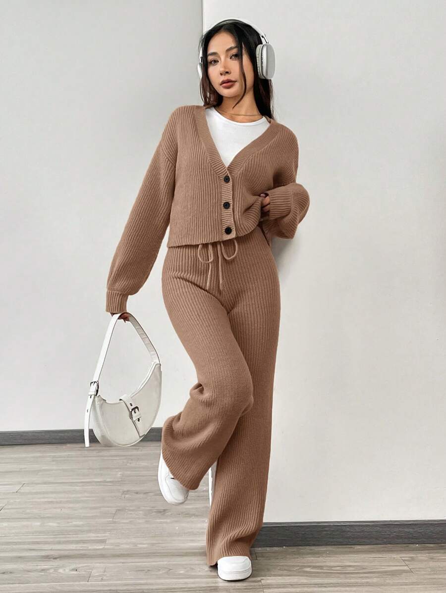 SHEIN EZwear 秋冬季女士休闲纯色长袖针织开衫两件套 - 咖啡棕 - 查看 1