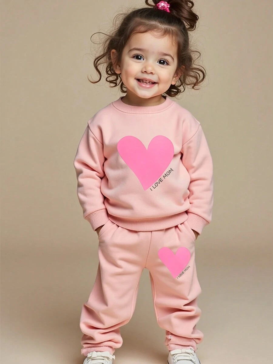 SHEIN 粉色爱心印花休闲舒适连帽衫套装 - 黑色 - 查看 1