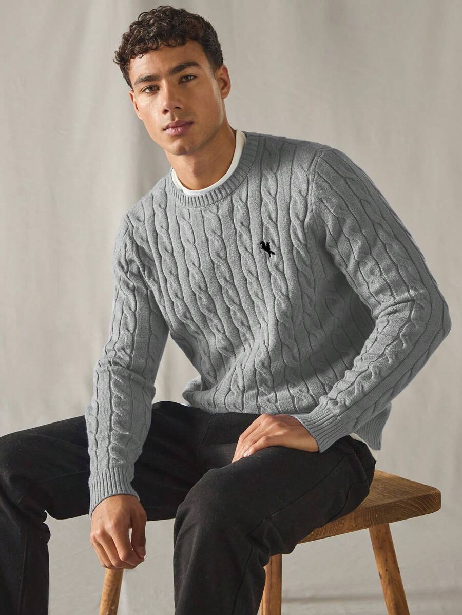 SWAVVY 男士休闲年轻宽松针织长袖毛衣，时尚日常穿着，粗针织，适合秋冬 - 灰色 - 查看 1