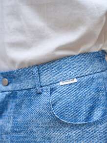 Manfinity VCAY 男士梭织休闲宽松松紧腰直筒裤，时尚图案长款都市休闲裤，适合日常穿着、丈夫、男朋友礼物 - 藍色 - 查看 4