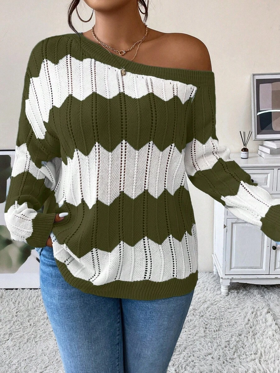 Calvaya 大码女式性感不对称领针织毛衣，秋季针织套头衫