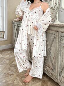 CottageSlumber Set de 3 piezas de bata de terciopelo con adorno de encaje y estampado de cerezas romántico, para otoño/invierno