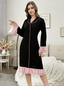 女式双色荷叶边下摆休闲连衣裙，秋季 - 黑色 - 查看 4