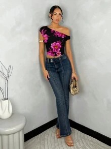 SHEIN BAE 女士紧身不对称肩部收褶短款吊带背心，适合夏季