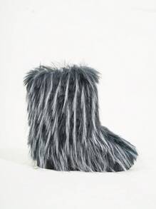 Sugerpunk Women's Fuzzy Minimalist Flat Snow Boots, Casual Daily Wear For Christmas And New Year Holiday Vibe Fall And Winter - Black and White - View 5