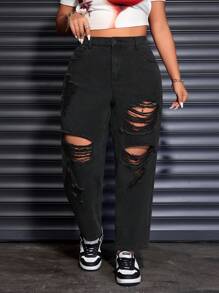 SHEIN ICON Plus Size Women\ Straight-Leg Jeans With Pockets And Ripped Holes - Black - View 1