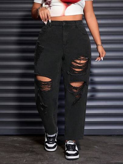 SHEIN ICON Plus Size Women\ Straight-Leg Jeans With Pockets And Ripped Holes