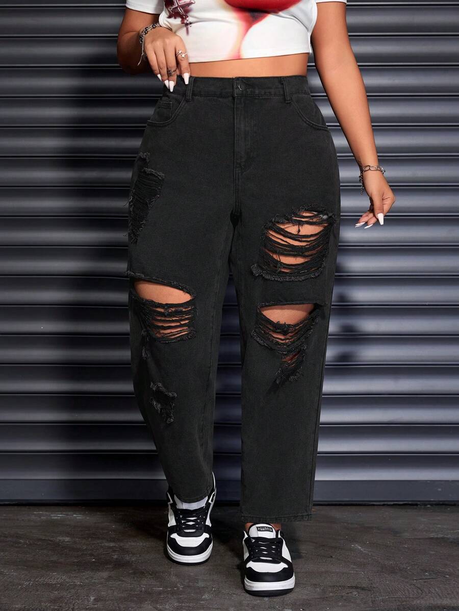 SHEIN ICON Plus Size Women\ Straight-Leg Jeans With Pockets And Ripped Holes - Black - View 1