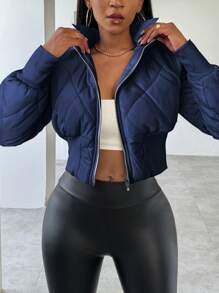 VaVaBold Abrigo acolchado con capucha, de unicolor, cuello con cremallera y parches, esponjoso para mujer en invierno