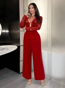 SHEIN SXY Bộ đồ liền thân màu đen bóng dự tiệc sang trọng - Màu Đỏ Sâu - Xem 5