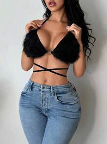 SHEIN SXY Women Sexy Solid Color Plush Criss-Cross Backless Knot Front Halter Top, Summer
