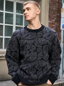 Manfinity Hypemode Men's All-Over Print Crew Neck Casual Long Sleeve Pullover Sweater, For Going Out, Couple Matching - Dark Grey - View 3