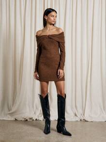 AiiRZ 金属细节蓬松针织长袖紧身迷你连衣裙 - 棕色 - 查看 7