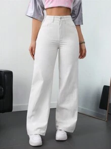 SHEIN ICON Pantalones vaqueros de pierna recta versátiles de unicolor con bolsillo